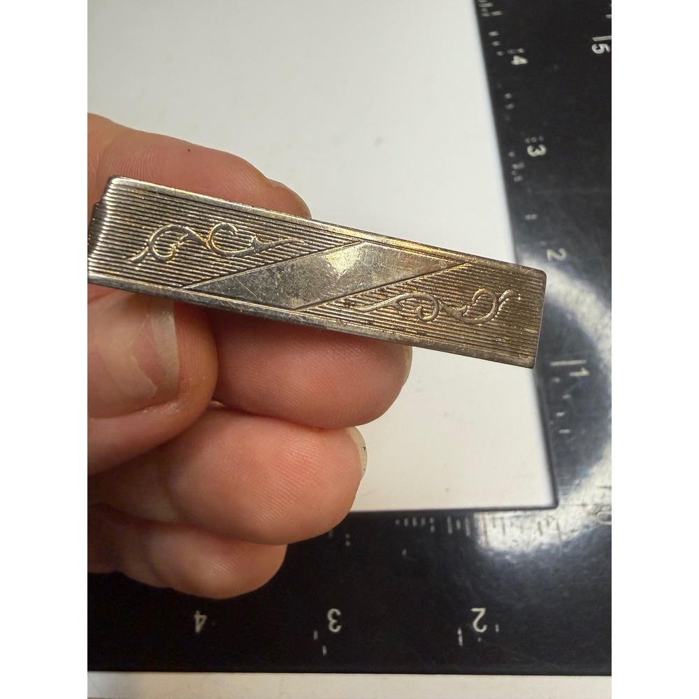 Vintage Silver Tone Etched Scroll Tie Clip Mid Century Modern Formal Accessory